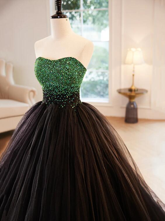 Black Strapless Tulle Long Prom Dress with Green Beaded, A-Line Formal Dress