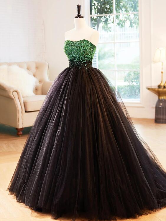 Black Strapless Tulle Long Prom Dress with Green Beaded, A-Line Formal Dress