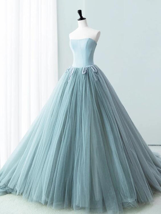 Blue Satin Tulle Long Prom Dress, Lovely Strapless Evening Dress