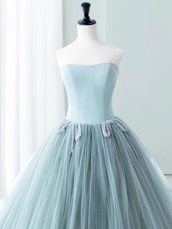 Blue Satin Tulle Long Prom Dress, Lovely Strapless Evening Dress