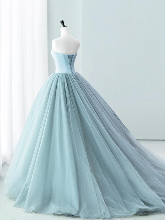 Blue Satin Tulle Long Prom Dress, Lovely Strapless Evening Dress