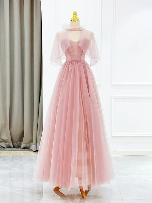 Pink Tulle Long Prom Dress with Beaded, Lovely A-Line Evening Dress