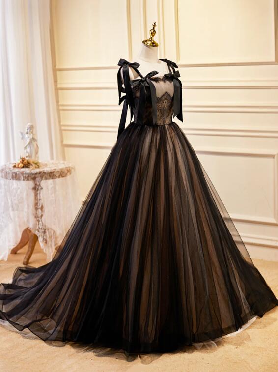 Black Tulle Lace Long Prom Dress, Black Evening Party Dress