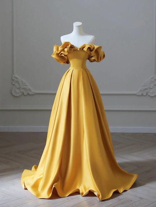 Yellow Satin Long Prom Dress, Off Shoulder A-Line Evening Dress