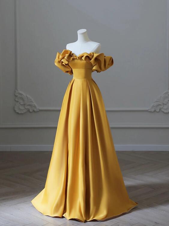 Yellow Satin Long Prom Dress, Off Shoulder A-Line Evening Dress