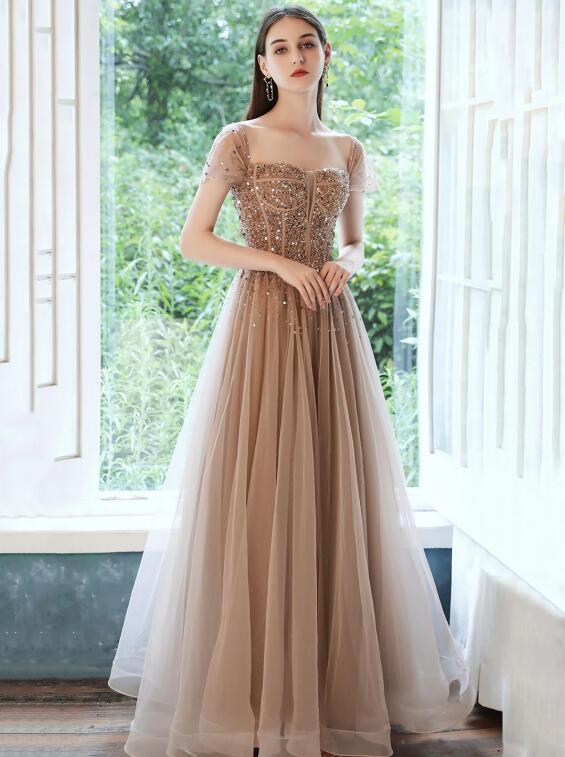 Off Shoulder Tulle Sequins Long Prom Dress, A-Line Formal Dress