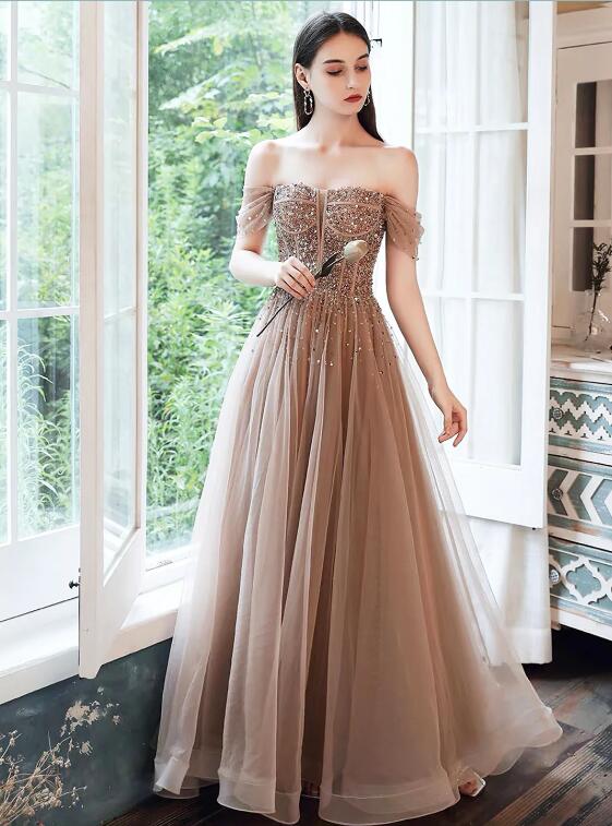 Off Shoulder Tulle Sequins Long Prom Dress, A-Line Formal Dress