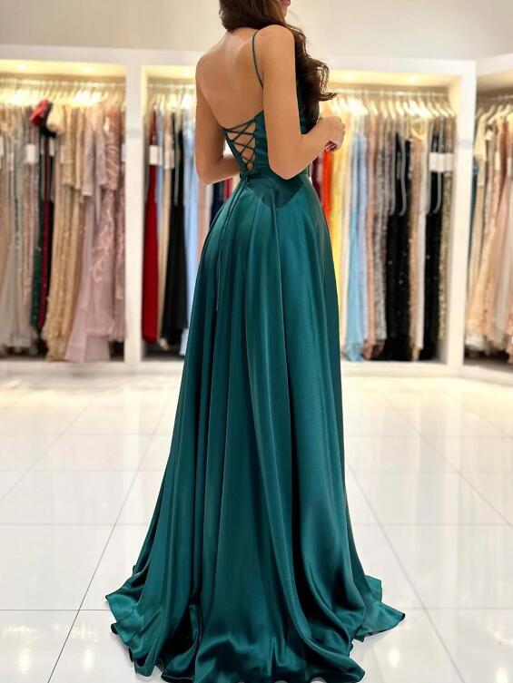 Simple Satin Long Prom Dress, A-Line Green Backless Evening Dress