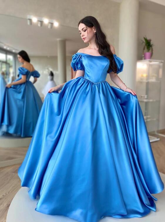 Blue Satin Long Prom Dress, A-Line Short Sleeve Evening Dress