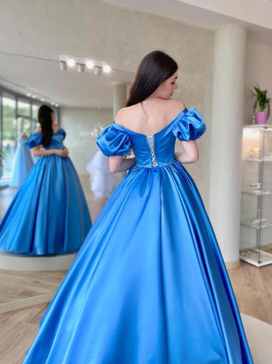 Blue Satin Long Prom Dress, A-Line Short Sleeve Evening Dress