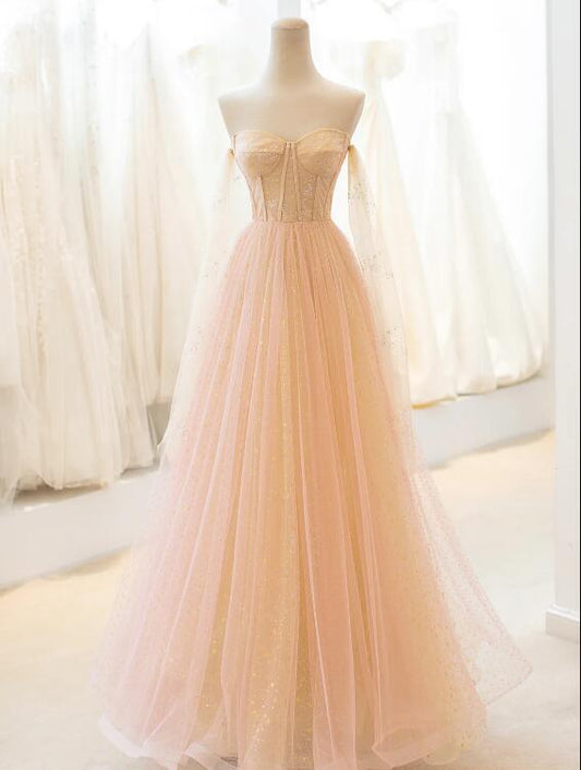 Cute Tulle Long Prom Dress, A-Line Strapless Evening Dress