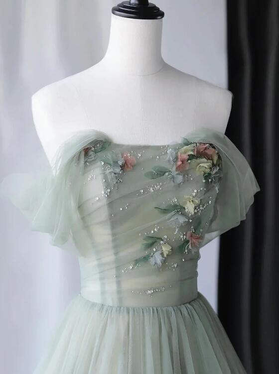 Beautiful Green Tulle Long Prom Dress, Off Shoulder Evening Dress