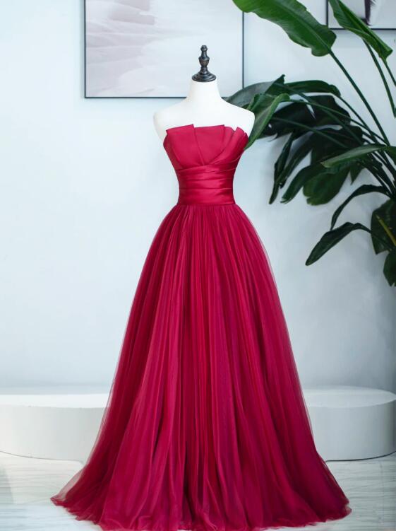 Burgundy Strapless Tulle Prom Dress, Burgundy Long Formal Dress