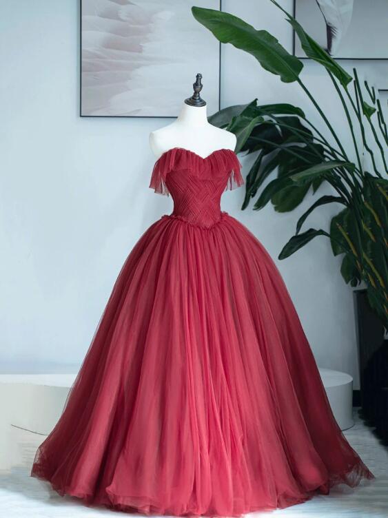 Burgundy Sweetheart Neckline Long Formal Dress, A-Line Strapless Evening Dress