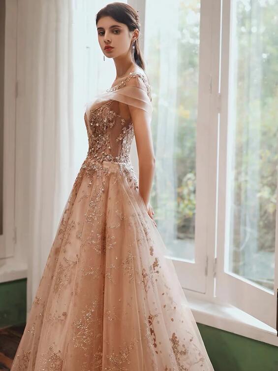 Cute Tulle Sequins Long Prom Dresses, Beautiful A-Line Evening Dresses