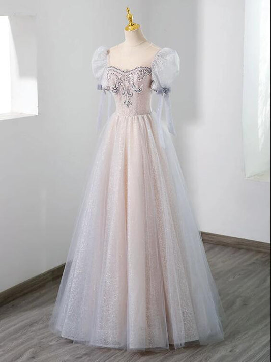 Cute Tulle Beaded Long Prom Dress, A-Line Short Sleeve Evening Dress