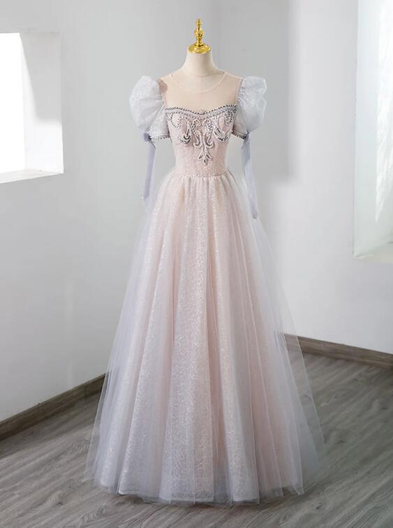 Cute Tulle Beaded Long Prom Dress, A-Line Short Sleeve Evening Dress