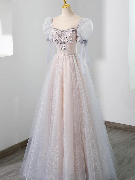 Cute Tulle Beaded Long Prom Dress, A-Line Short Sleeve Evening Dress