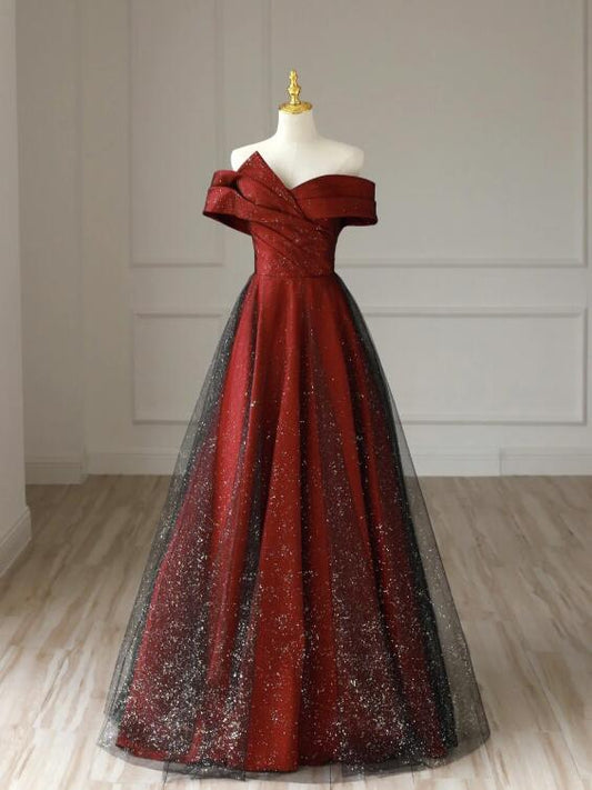 Burgundy Satin Long V-Neck Prom Dress, Off the Shoulder Party Dress