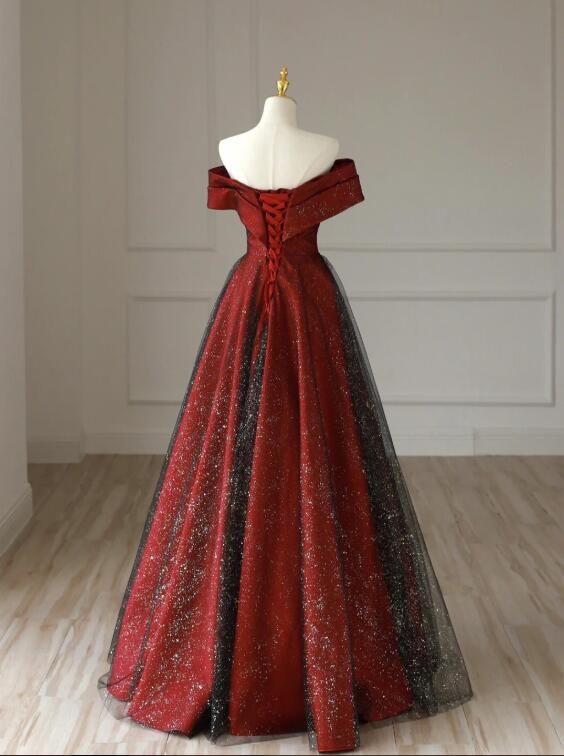 Burgundy Satin Long V-Neck Prom Dress, Off the Shoulder Party Dress