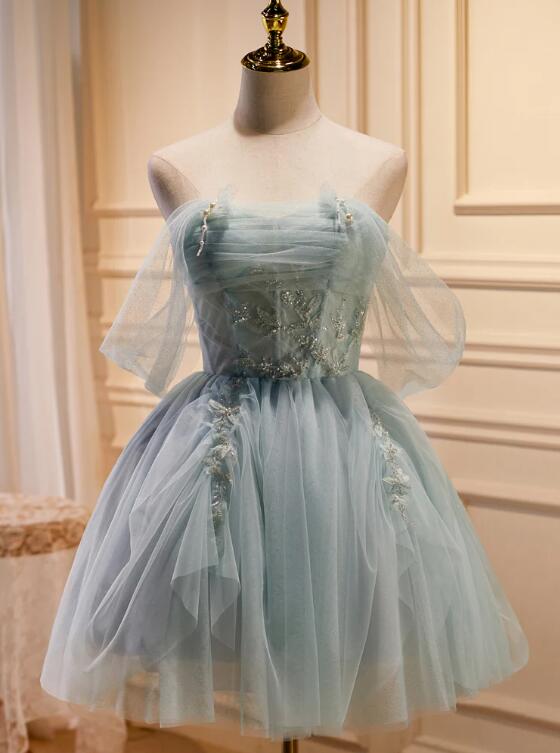 Green Tulle Beaded Short Prom Dress, Cute Off Shoulder Homecoming Dress