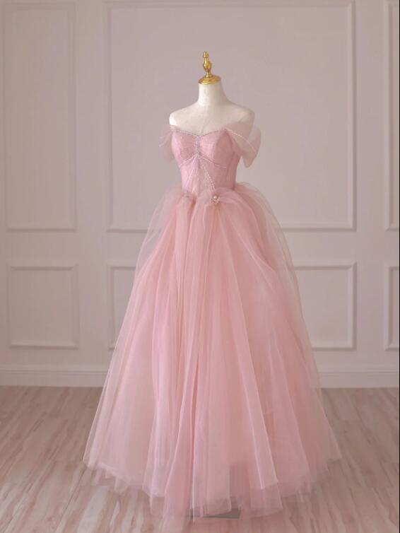 Pink Tulle Lace Long Prom Dress, Off the Shoulder Evening Dress