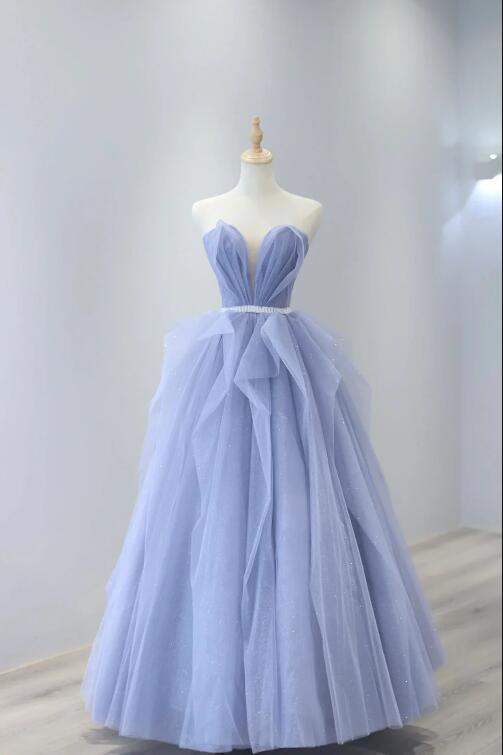 Blue Tulle Strapless Long Prom Dress, A-Line Blue Evening Dress