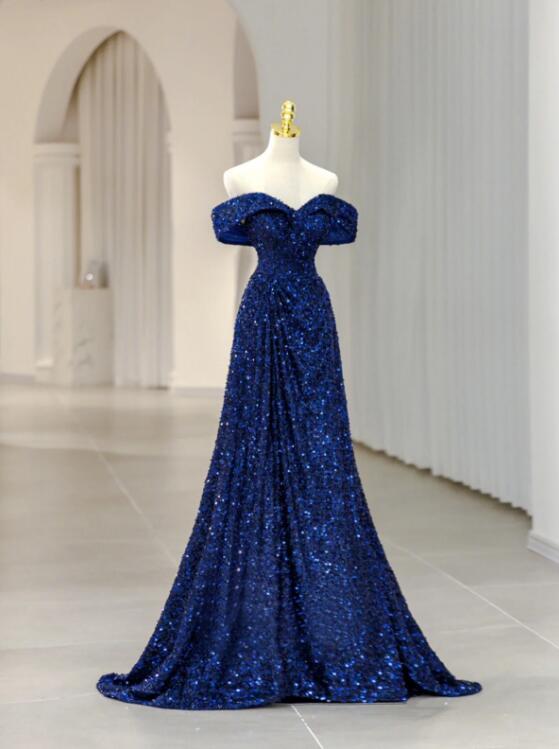 Blue Sequins Long Prom Dress, Off the Shoulder Blue Evening Dress