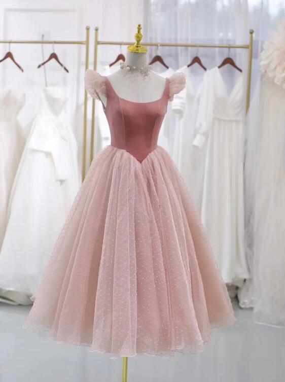 Pink Velvet Tulle Short Prom Dress, Lovely A-Line Homecoming Party Dress