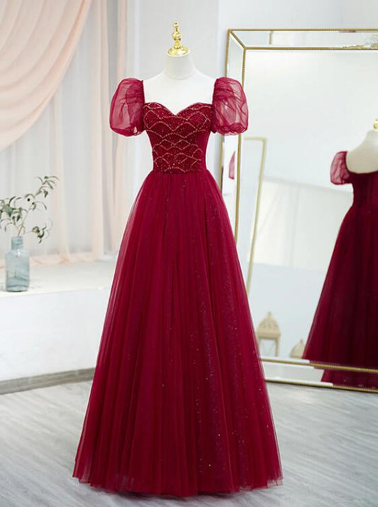 Burgundy Tulle Beaded Long Prom Dress, A-Line Short Sleeve Evening Dress