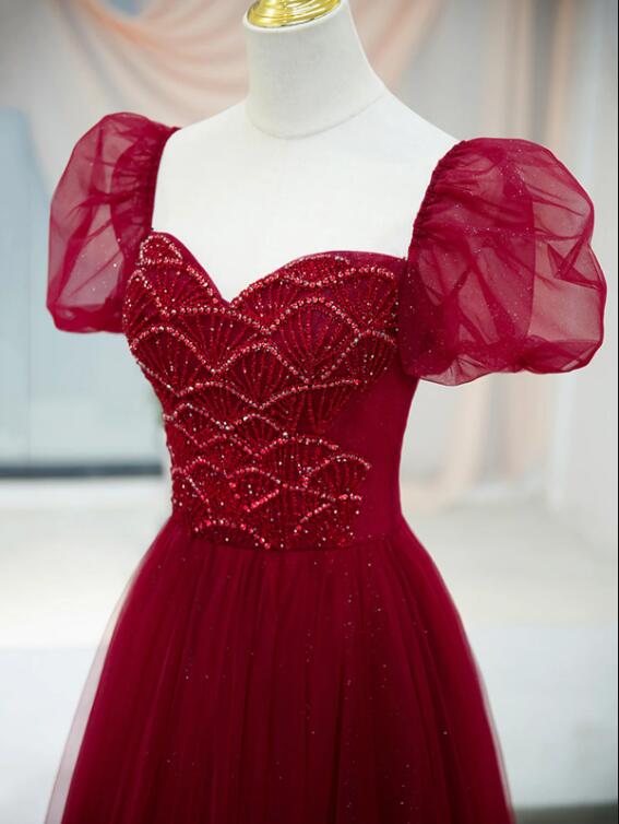 Burgundy Tulle Beaded Long Prom Dress, A-Line Short Sleeve Evening Dress