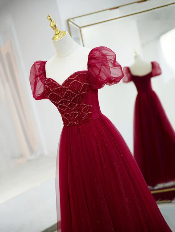 Burgundy Tulle Beaded Long Prom Dress, A-Line Short Sleeve Evening Dress