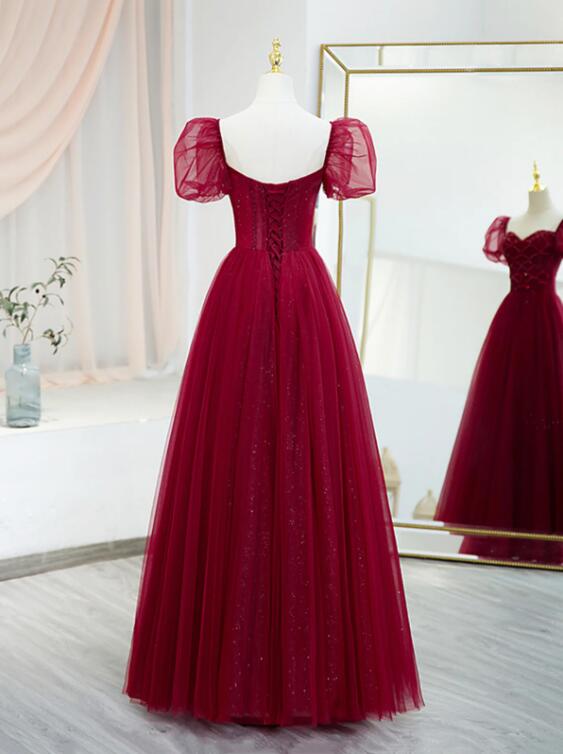 Burgundy Tulle Beaded Long Prom Dress, A-Line Short Sleeve Evening Dress