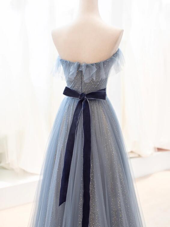 Blue Tulle Long Prom Dress, A-Line Strapless Evening Party Dress