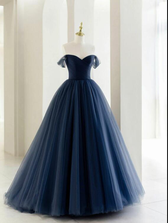 Off the Shoulder Tulle Long Prom Dress, A-Line Blue Formal Evening Dress