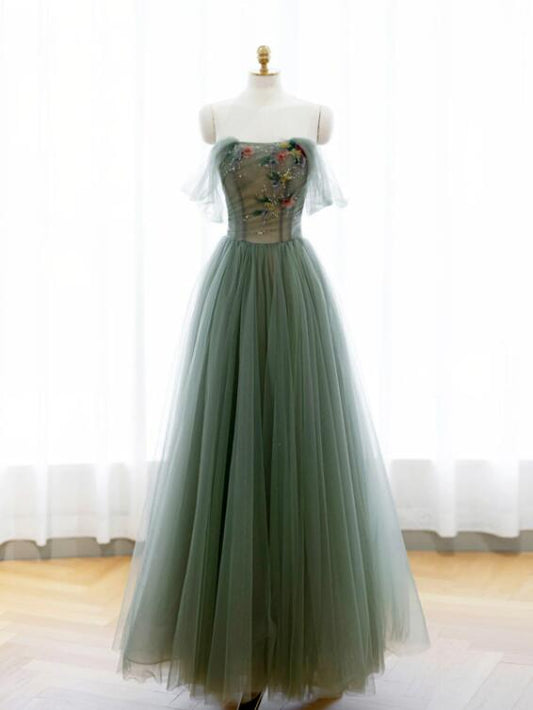 A-Line Green Tulle Long Prom Dress, Off the Shoulder Evening Party Dress