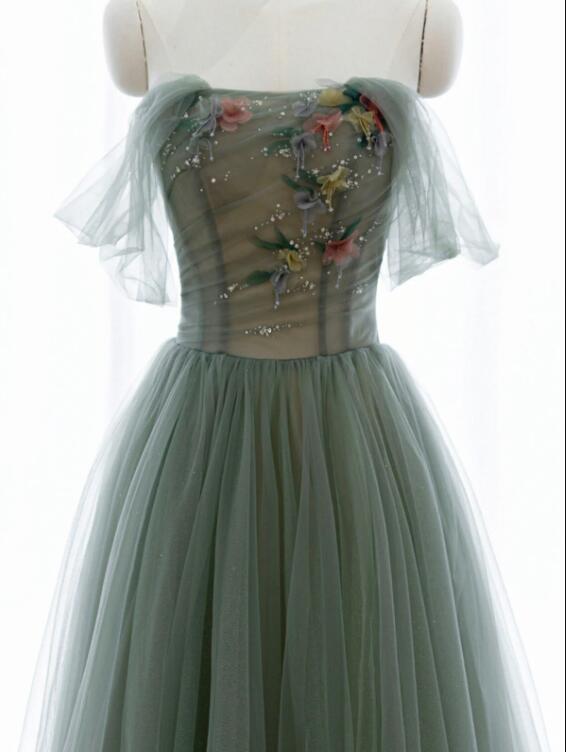 A-Line Green Tulle Long Prom Dress, Off the Shoulder Evening Party Dress