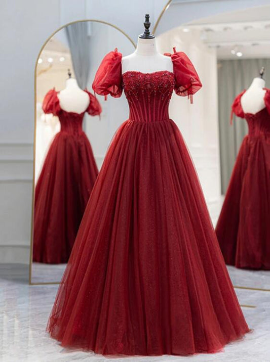 Burgundy Tulle Beaded Long Prom Dress, A-Line Short Sleeve Evening Dress