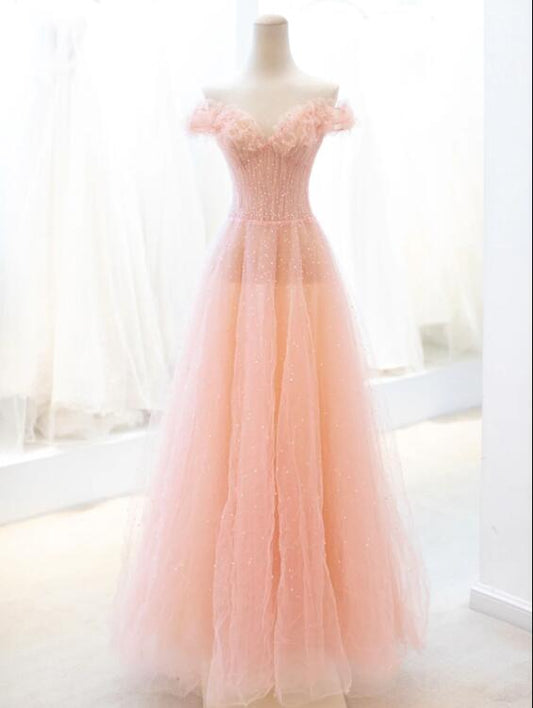 Pink Tulle Sequins Long Prom Dress, A-Line Lovely Evening Party Dress