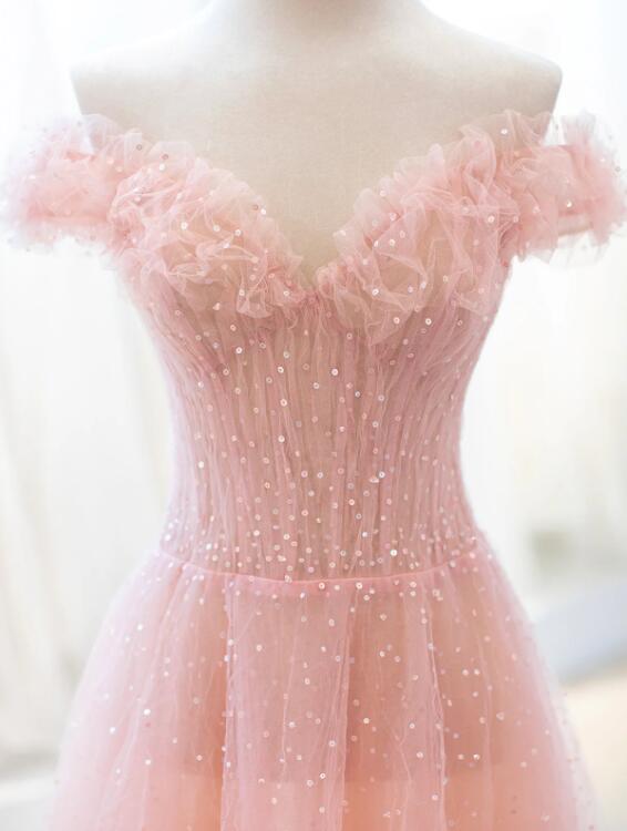 Pink Tulle Sequins Long Prom Dress, A-Line Lovely Evening Party Dress