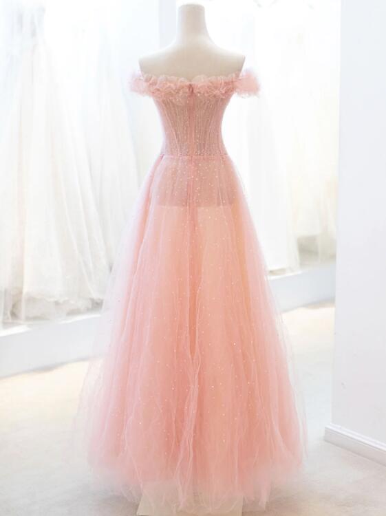 Pink Tulle Sequins Long Prom Dress, A-Line Lovely Evening Party Dress