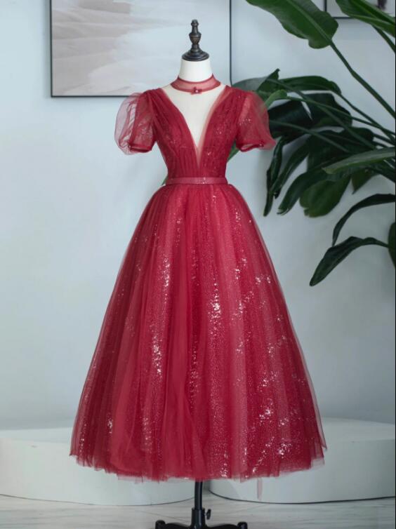 Burgundy Tulle Sequins Tea Length Prom Dress, A-Line Evening Party Dress