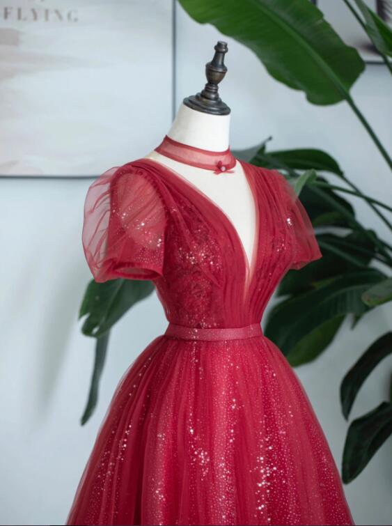 Burgundy Tulle Sequins Tea Length Prom Dress, A-Line Evening Party Dress