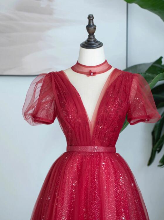 Burgundy Tulle Sequins Tea Length Prom Dress, A-Line Evening Party Dress