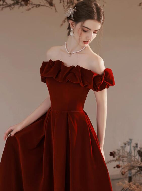 Burgundy Velvet Long Formal Evening Dress, A-Line Off the Shoulder Prom Dress