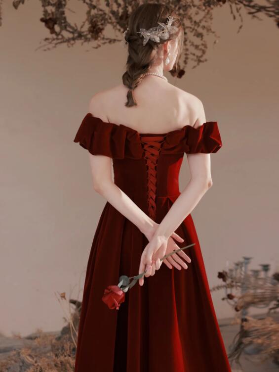 Burgundy Velvet Long Formal Evening Dress, A-Line Off the Shoulder Prom Dress