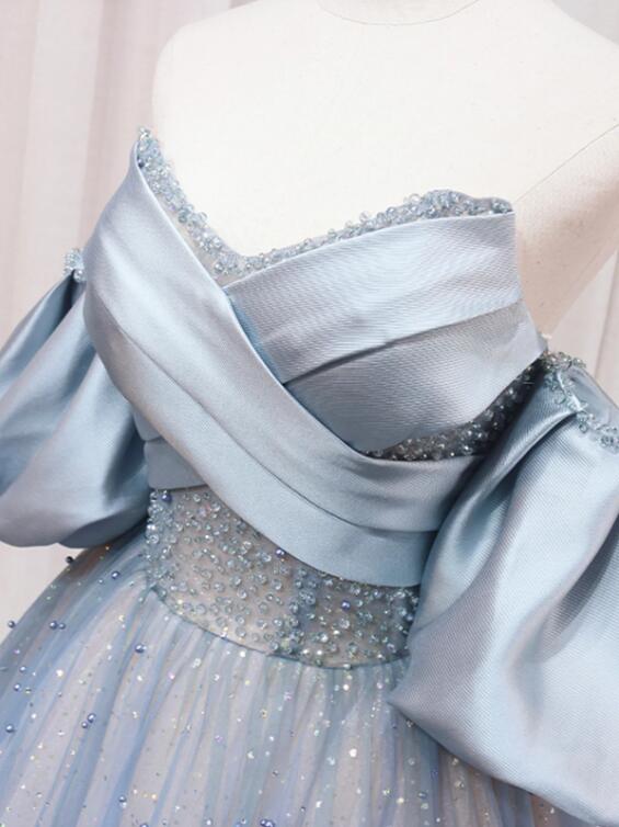 Blue Puff Sleeve Long A-Line Prom Dress, Off the Shoulder Formal Evening Dress