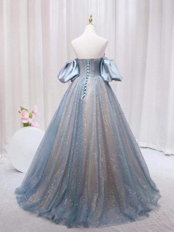 Blue Puff Sleeve Long A-Line Prom Dress, Off the Shoulder Formal Evening Dress