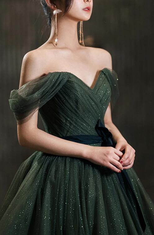 Beautiful Green Tulle Long Prom Dress, A-Line Off the Shoulder Graduation Dress