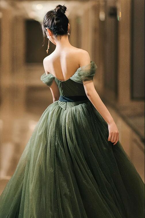 Beautiful Green Tulle Long Prom Dress, A-Line Off the Shoulder Graduation Dress